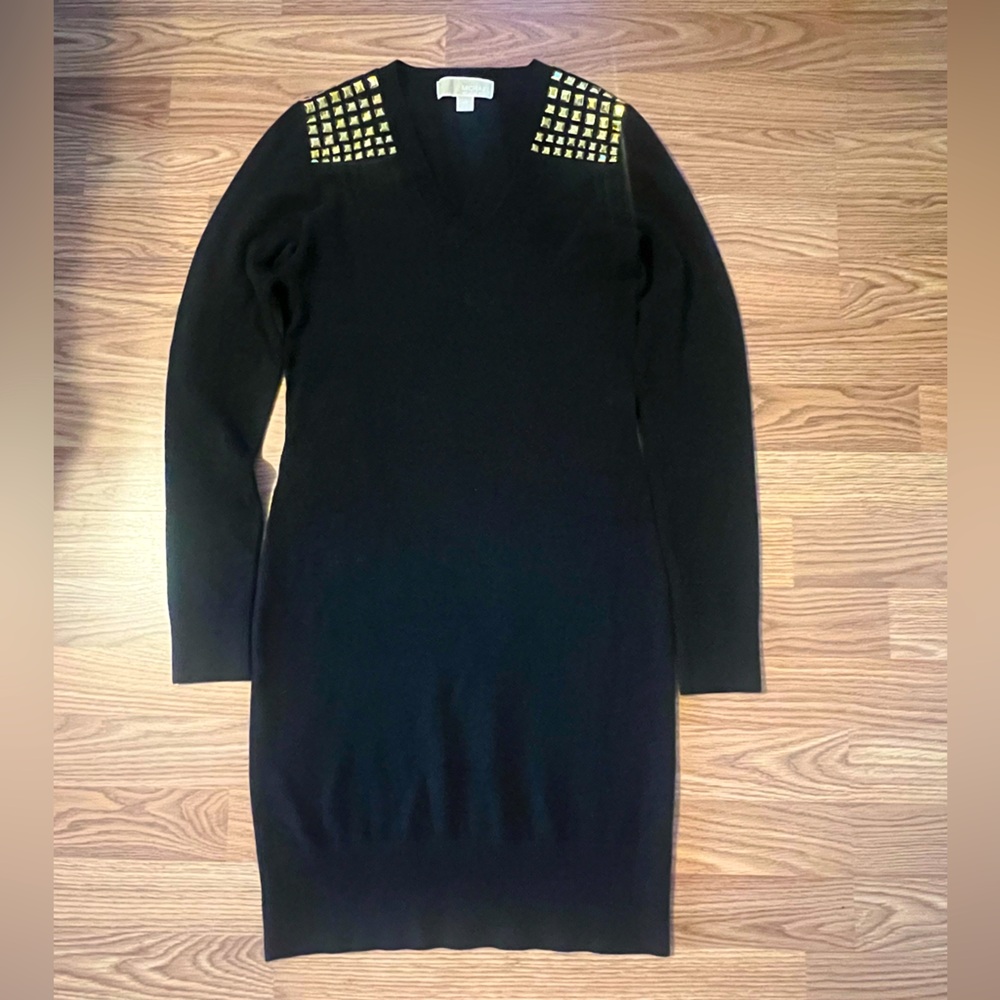 Michael Kors Sweater Dress Black Gold Bling Rhinestones Studded Womens XS